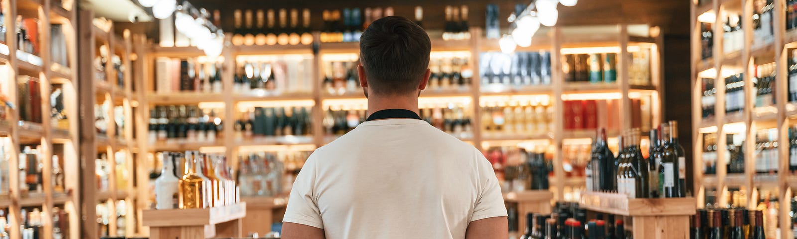 A person in a white shirt and dark apron stands with their back to the camera in front of shelves stocked with wine