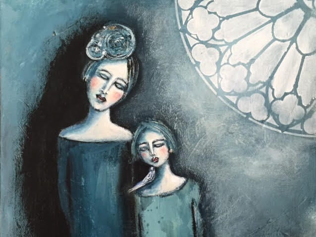 Child and women with big bun, leaning towards each other, stain glass window in the background. Shaded in charcoal, grays.