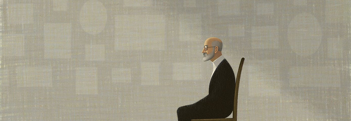 Illustration of a old man in profile, sitting in a chair in front of a wall full of faded outlines where photos used to hang.