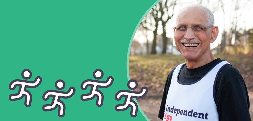 Green graphic featuring a photo of Mohamed, an older man who smiles at the camera while wearing an Independent Age running vest. Illustrations of people running are next to the photo.