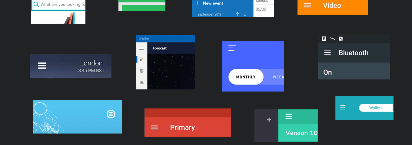 The hamburger problem. A collage of hamburger menus taken from mobile apps, desktop apps, and websites.