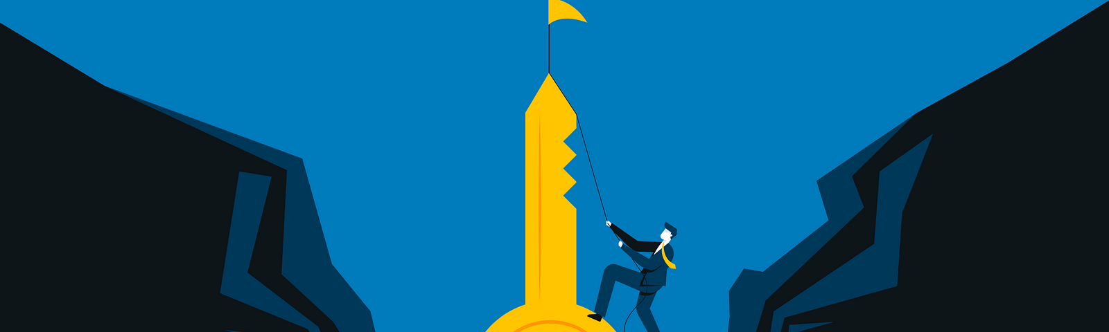 The illustrated man climbing the gigantic golden key with the flag on top.