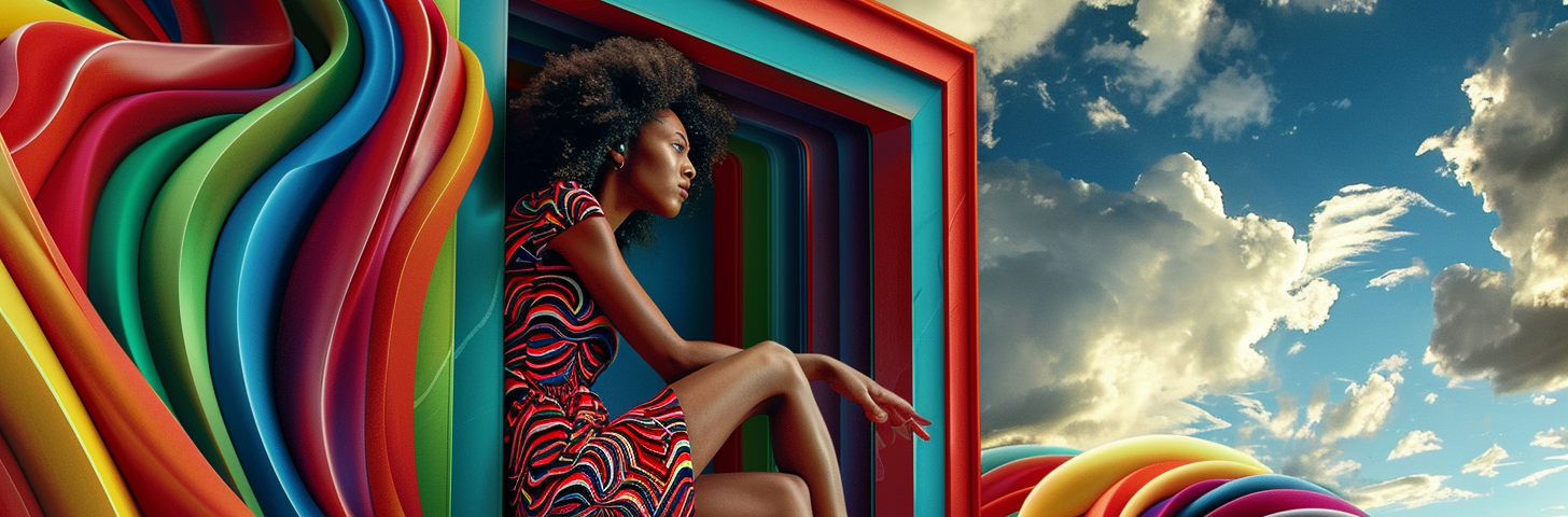 A surreal digital artwork featuring a woman sitting within multiple, vibrant, multicolored box that extend into flowing ribbons against a dramatic sky backdrop.