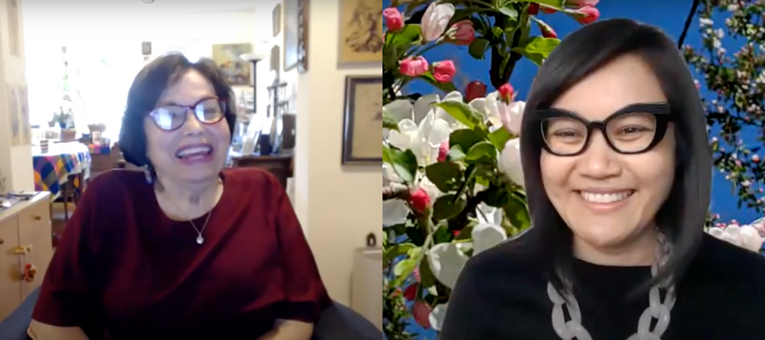 Zoom split screen. Judy, left, appears to be in her living room; Tuyet, right, has a virtual floral backdrop. Both smiling.