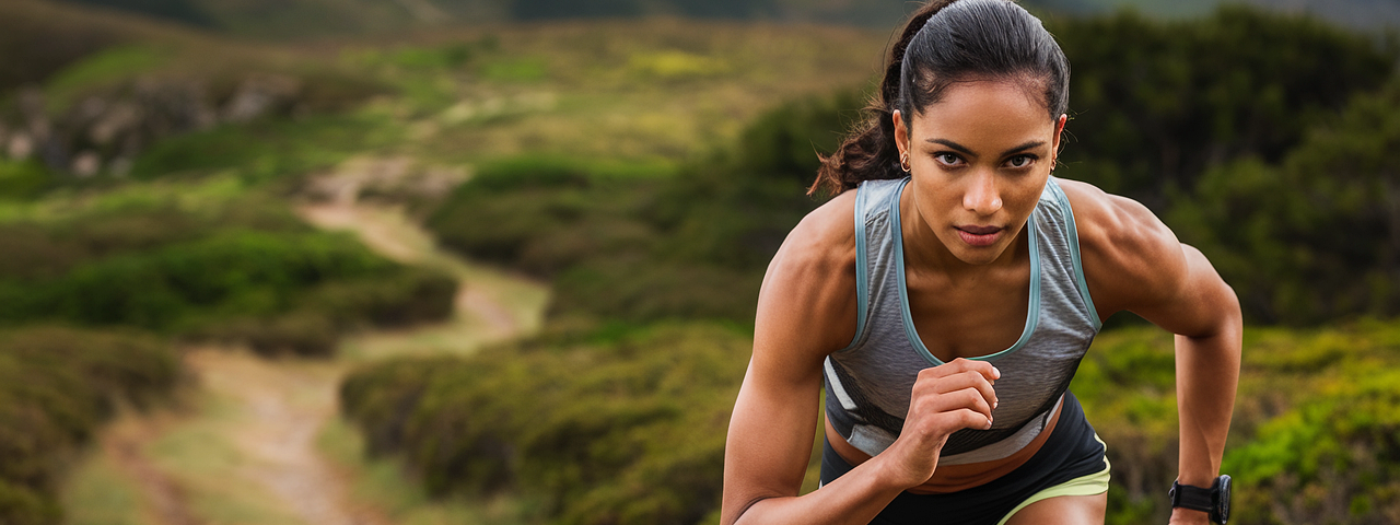 A determined runner, her muscles corded, shows determination to run up the hill, make the grade.