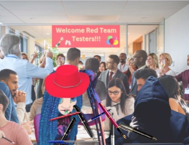 Lizzie Lizard Brain wearing a red hat concentrating on levitating pens around a laptop in a room full of office workers. A sign reads “Welcome Red Team Testers!” Some people are celebrating with champagne while more serious people stare at computers.