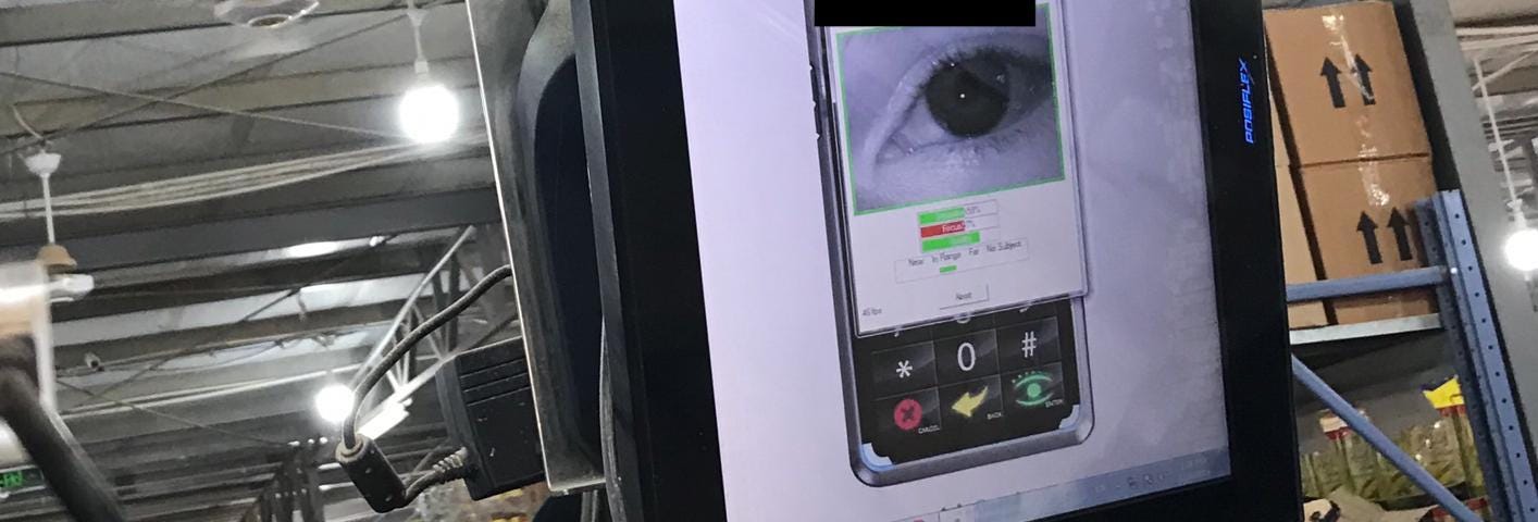 In this photo of the iris-scanner at the supermarket in Za’atari in December 2018, a screen shows a close-up of an eye.