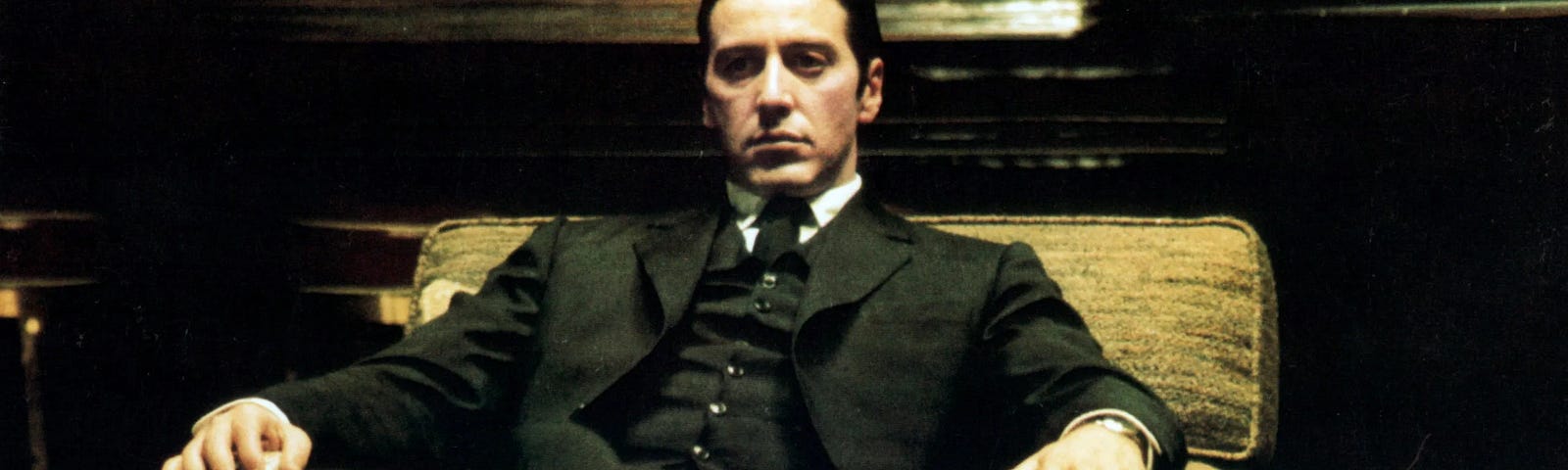 Al Pacino sits in a chair in a scene from the film ‘The Godfather- Part II’, 1974.Photo- Paramount/Getty Images