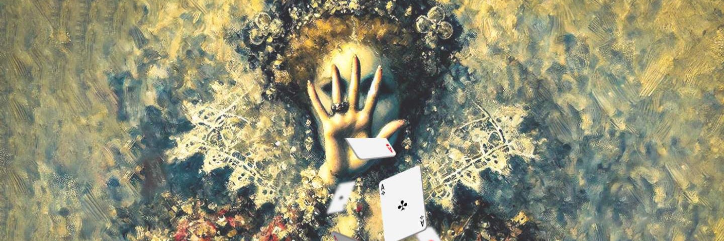 An impressionist drawing of a Queen with playing cards flowing from her hand