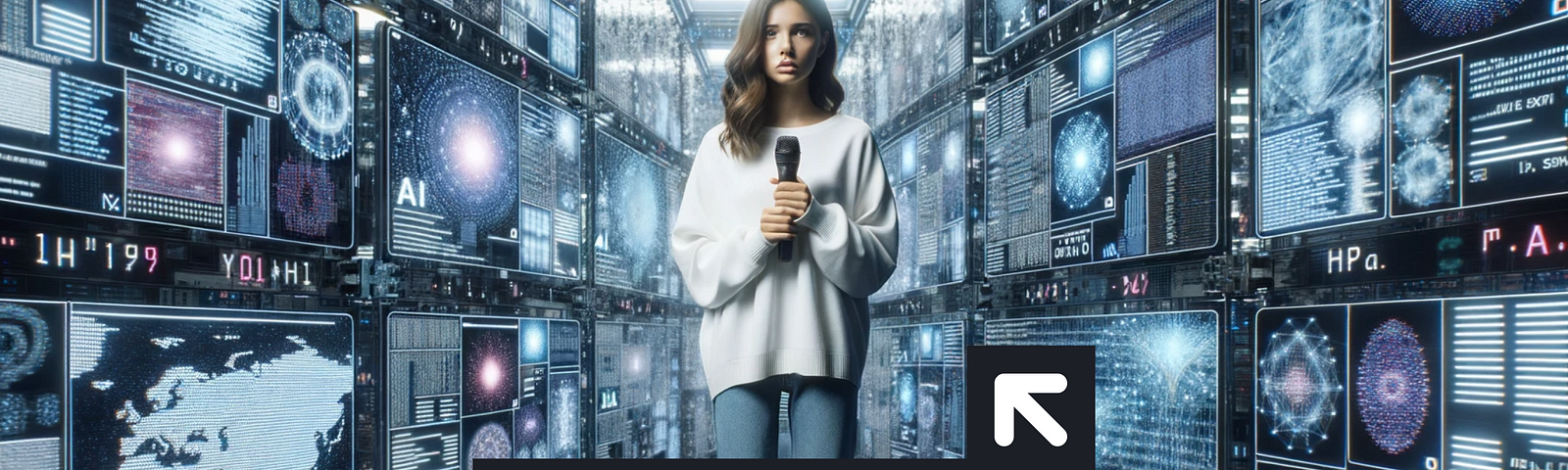 Photo of a young woman standing in a vast, futuristic room filled with screens displaying AI algorithms and codes. She looks introspective and overwhelmed, clutching a microphone symbolizing her personal voice, while the screens seem to engulf her.