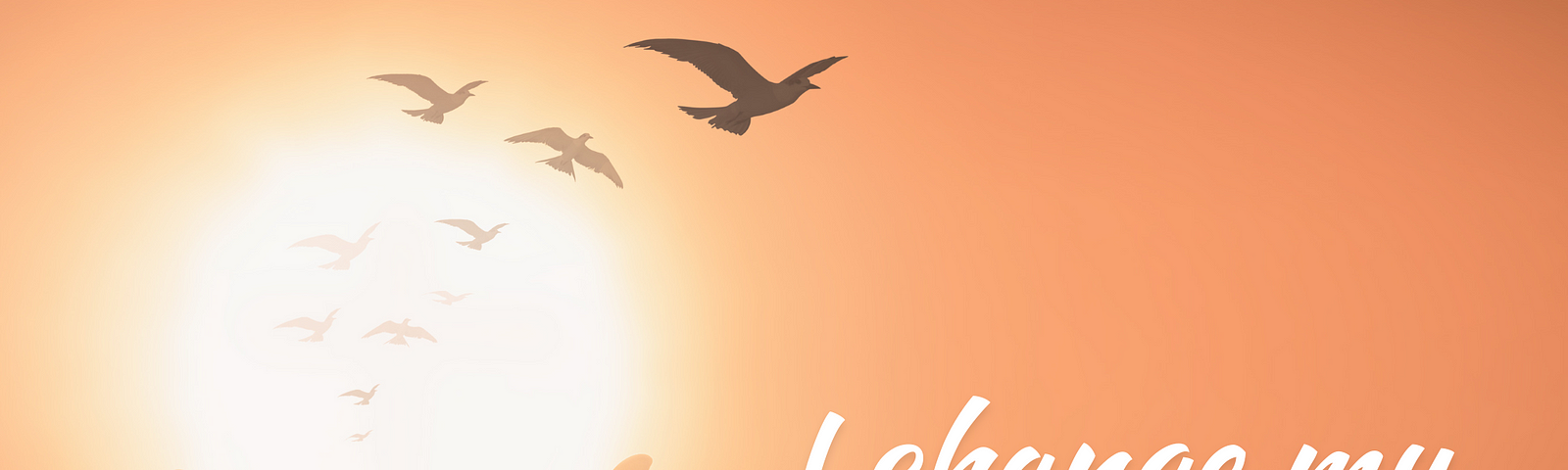 orange background with birds flying at top of image. In lower left, hands raised up toward the sky holding a ball of light. To right: “I change my thinking as I change my life”