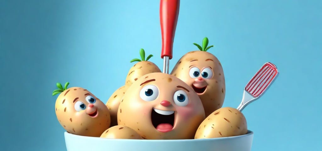 Potatoes in a bowl, a masher, cartoon style