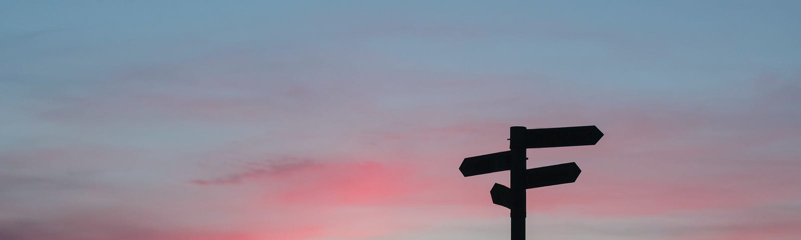 a backlit signpost, behind it a beautiful blue, pink and orange sky at dusk