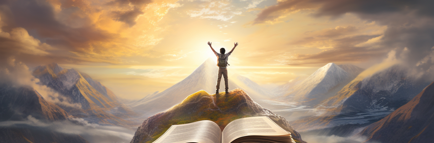a writer standing triumphantly on top of a colossal open book that soars into the sky, representing their ascent in the writing journey with the support of ManyStories