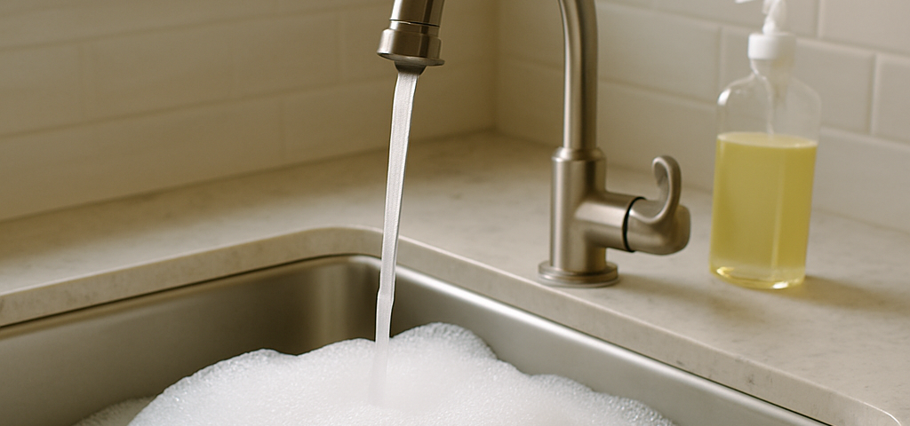 A stainless steel kitchen sink filled with thick soap suds, with water running from the faucet and a clear bottle of yellow dish soap nearby on the counter.