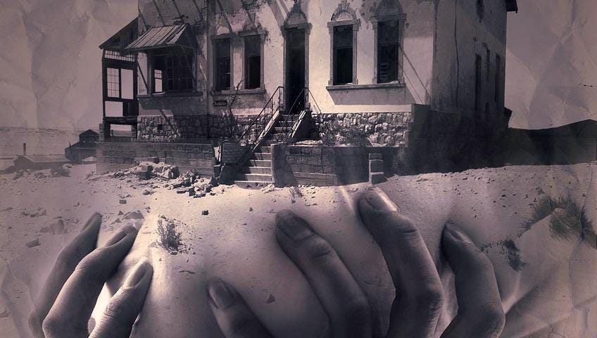 Hands grasping the lost, the broken parts of life, the emptied home, falling in disarray.