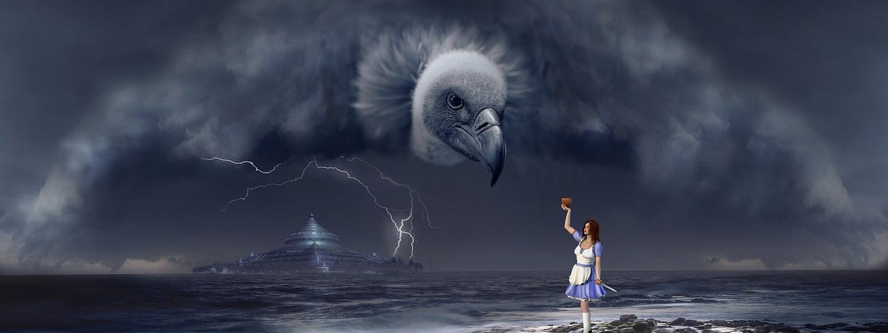 A large vulture flying above a young woman standing at the edge of the waves.