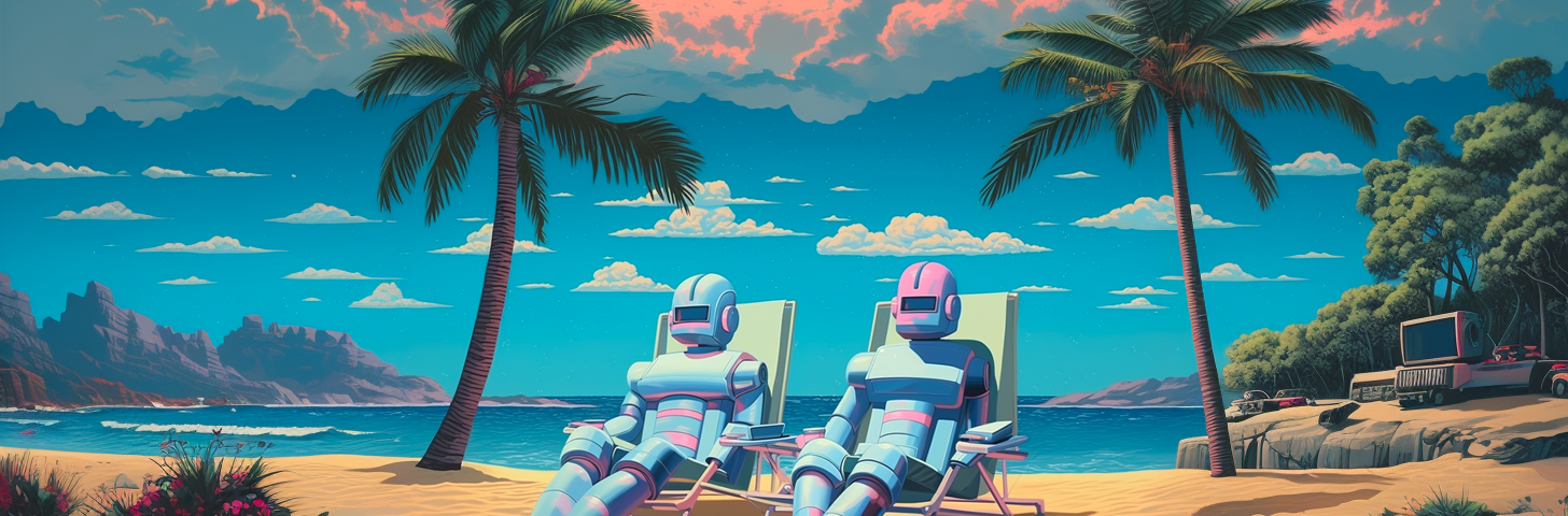 couple of super intelligent robots resting on the beach on holidays, robots sun tan laying on towels, tropical and serene beach scenery, Hiroshi Nagai city pop art style, beautiful and creative art, artificial intelligence, dystopian, pastel colors, wes anderson style, blue hour, dusk, sunset — v 5.2 — ar 16:9 — s 900 — style raw