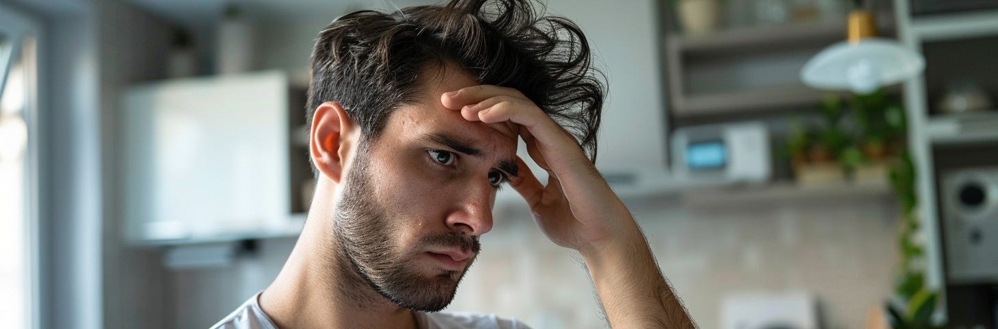 A young man in a white t-shirt looks worried as he sits thoughtfully in his room.