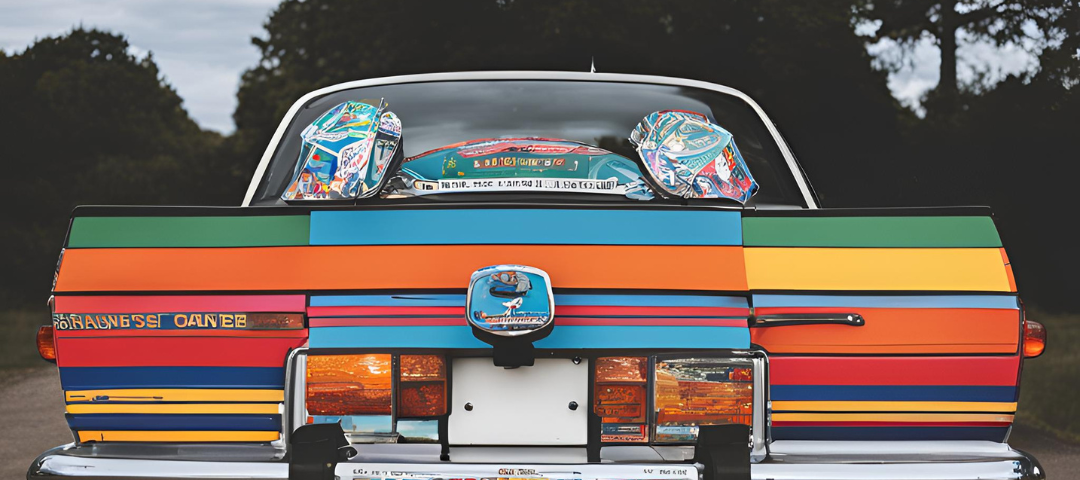 Car with many colorful bumper stickers