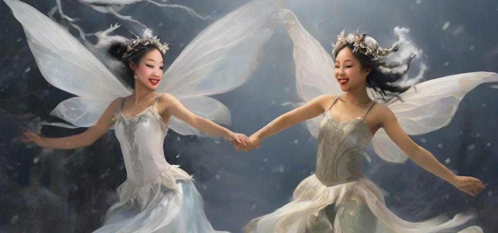 Two faries in white dresses dance