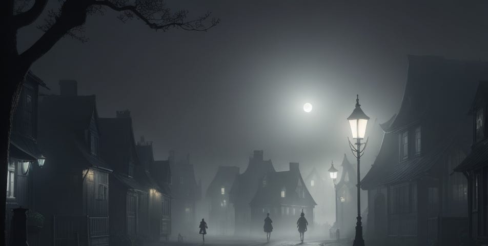 A misty, moonlit village street with shadowy figures lurking in the fog.