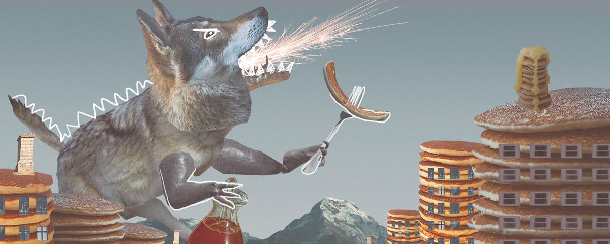A gigantic wolf stomps, Godzilla-like, through a city with surreal, pancake-stack buildings and mountains in the distance. The wolf is breathing fire and carries a carafe of syrup in one paw, and a fork spearing a slice of bacon in the other. Basquiat-style spikes run down its back, and line its mouth with pointy teeth.