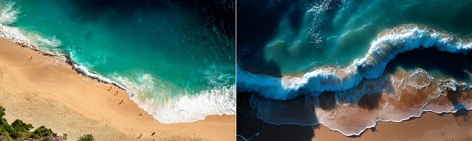 Foto de um drone da praia e uma foto igual sendo que gerada por uma inteligência artificial.