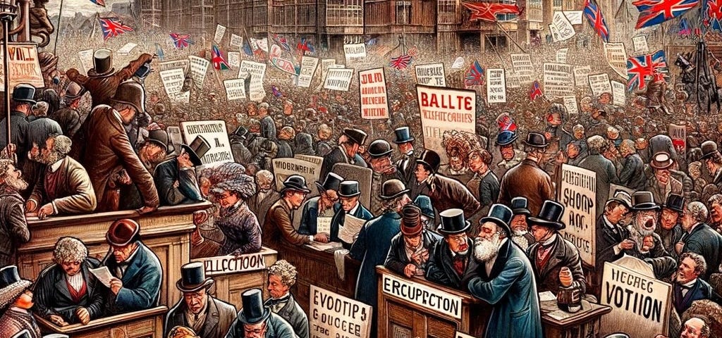 A political cartoon, in the style of 19th Century newspaper illustration, showing balloting and voting outside of the British houses of parliament.