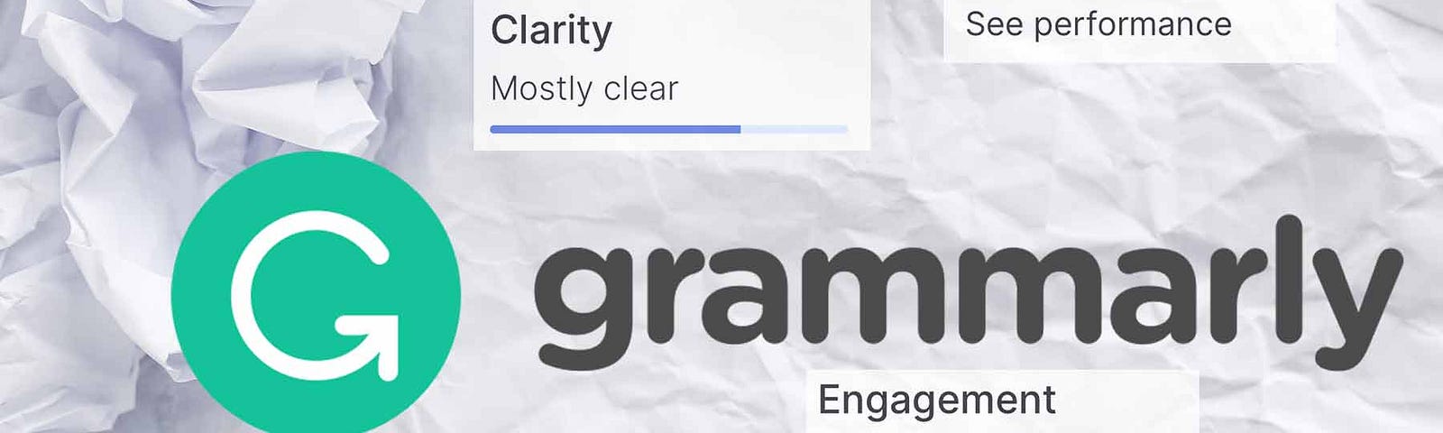 The Grammarly logo and poor scoring report details sit atop crumpled pieces of writing paper.