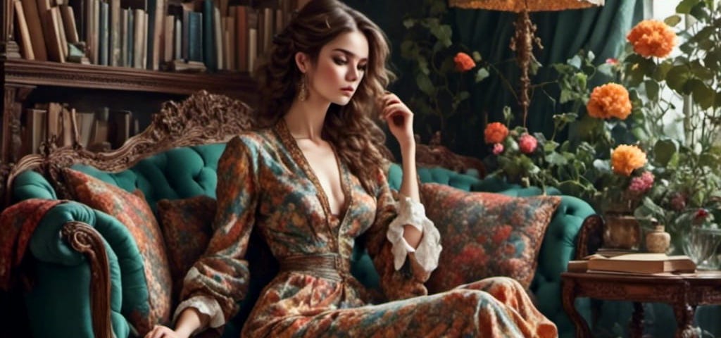 A young woman sitting in her apartment surrounded by flowers