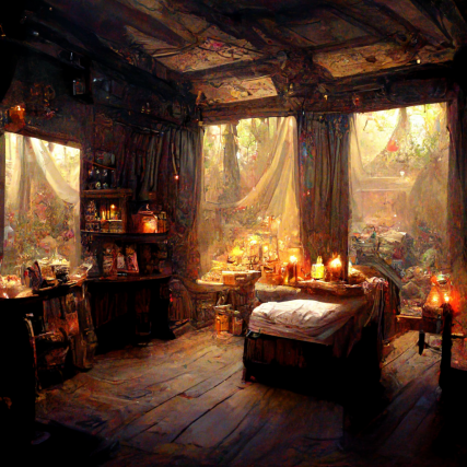 A comfortable bed in a tavern, with charming candles illuminating the room.