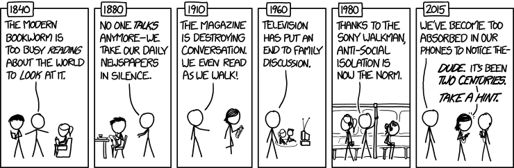 IMAGE: A cartoon by XKCD explaining why humans adapt to technology and nothing happens, referring to books, magazines, TV, the Walkman and the smartphone