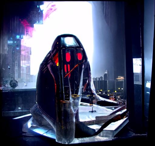 A futuristic-looking cocoon stands in front of a cyberpunk-inspired skyline.