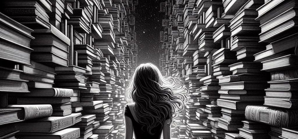 woman lost in a maze of books