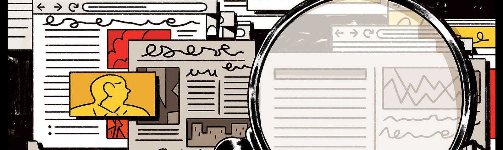 An illustration of newspapers with a magnifying glass