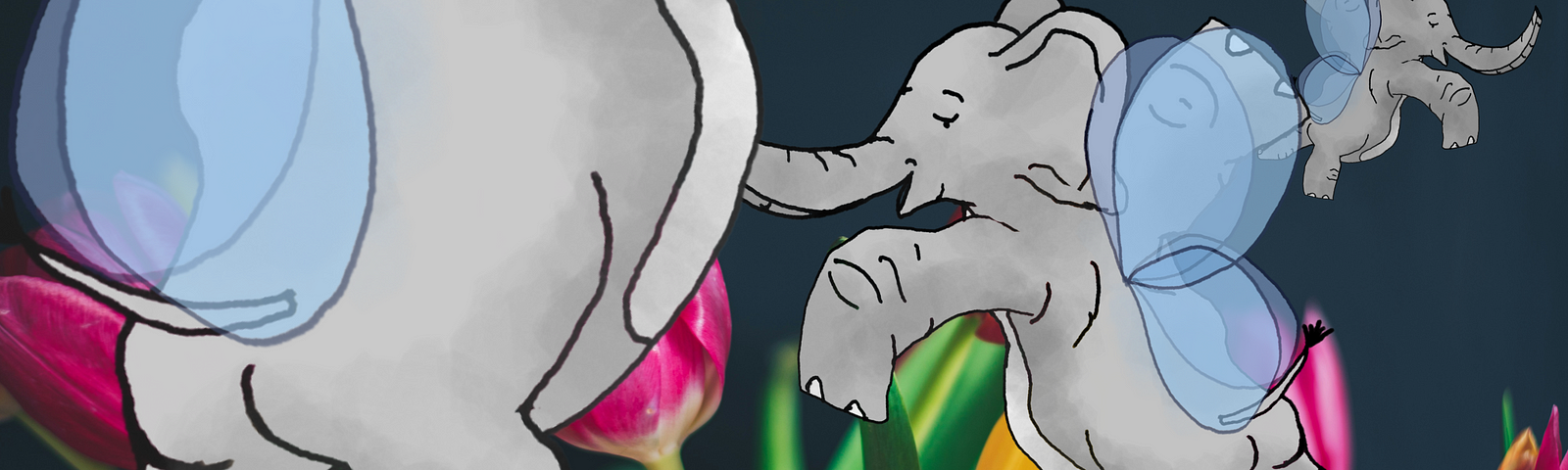 A drawing of cartoon elephants with little blue wings. They are drawn over a photo of a field of tulips. The original photo is by Libby Penner as sourced from Unsplash. Drawing by Doodleslice 2024.
