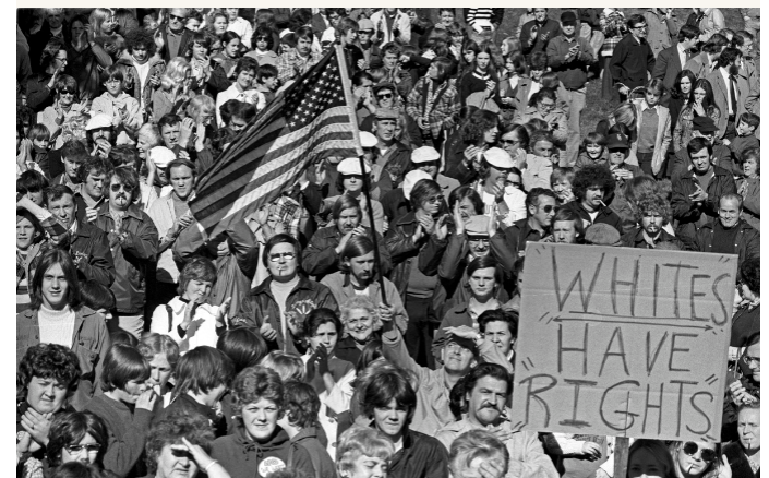 Anti-busing protest crowd in Boston in 1975