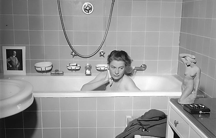 Archive photograph of Lee Miller bathing in Hitler’s bath in Munich