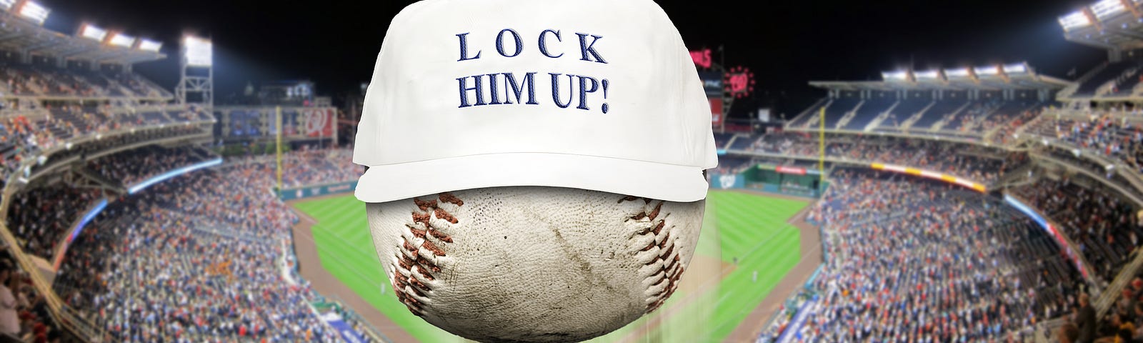 Home run ball with a MAGA cap that reads “Lock Him Up!”