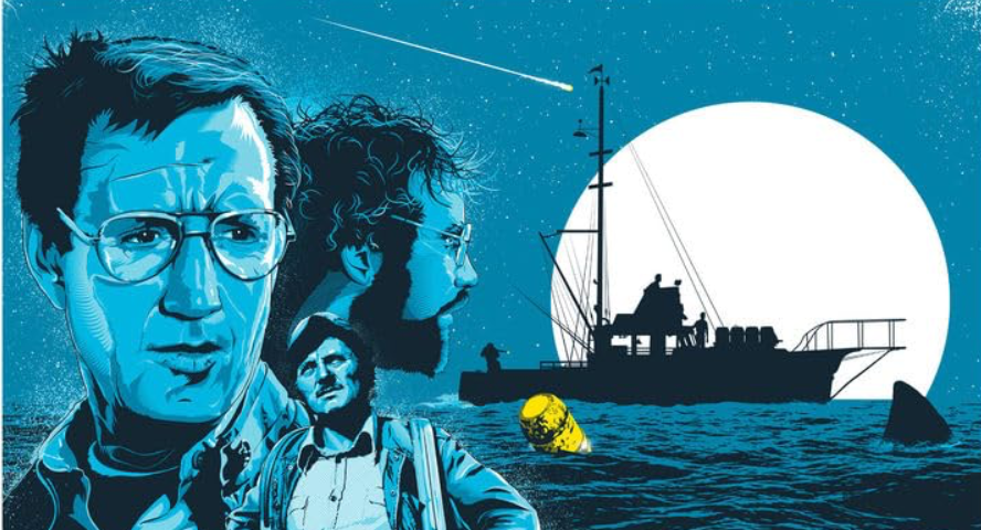 Three men are silouetted in blue with a huge moon and a boat behind them. in the water, you see a shark fin. Title says “Jaws, at sea no one can hear you scream.” Jaws, horror, shark, film critic, movies, pop culture.