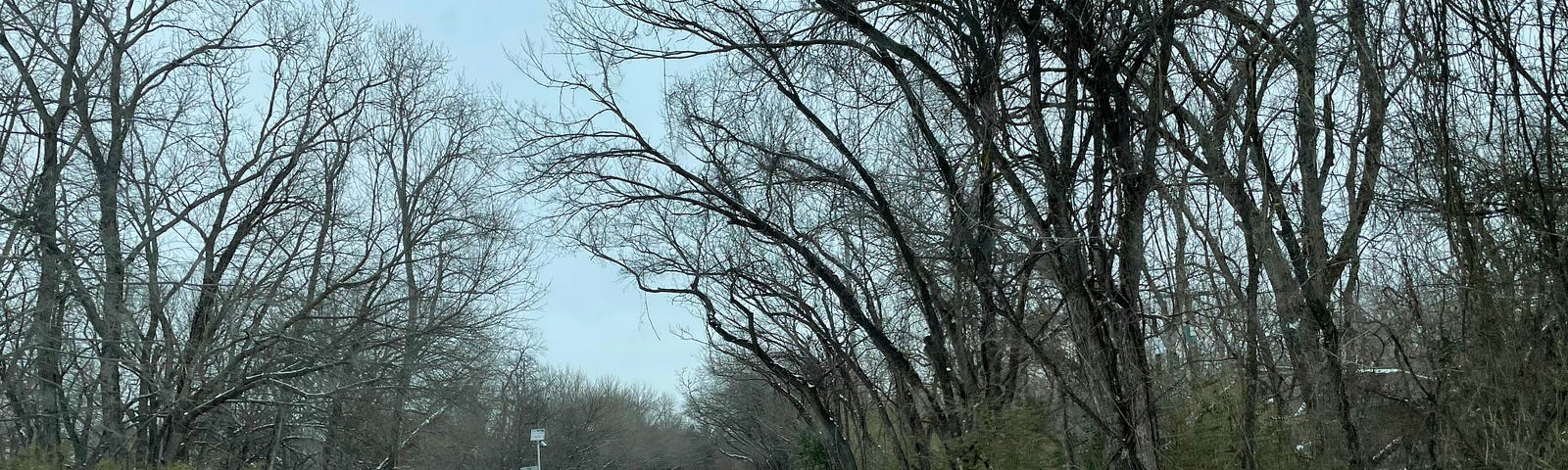 Drivers view of a iced, snow covered road during a winter storm