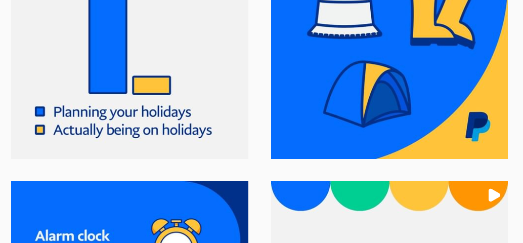 some examples of posts from the PayPal UK instagram account. they are all similar-looking, using very basic colours and line drawing illustrations
