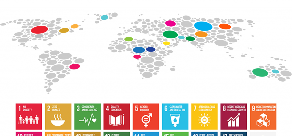 The SDGs with an illustration of a map of the world