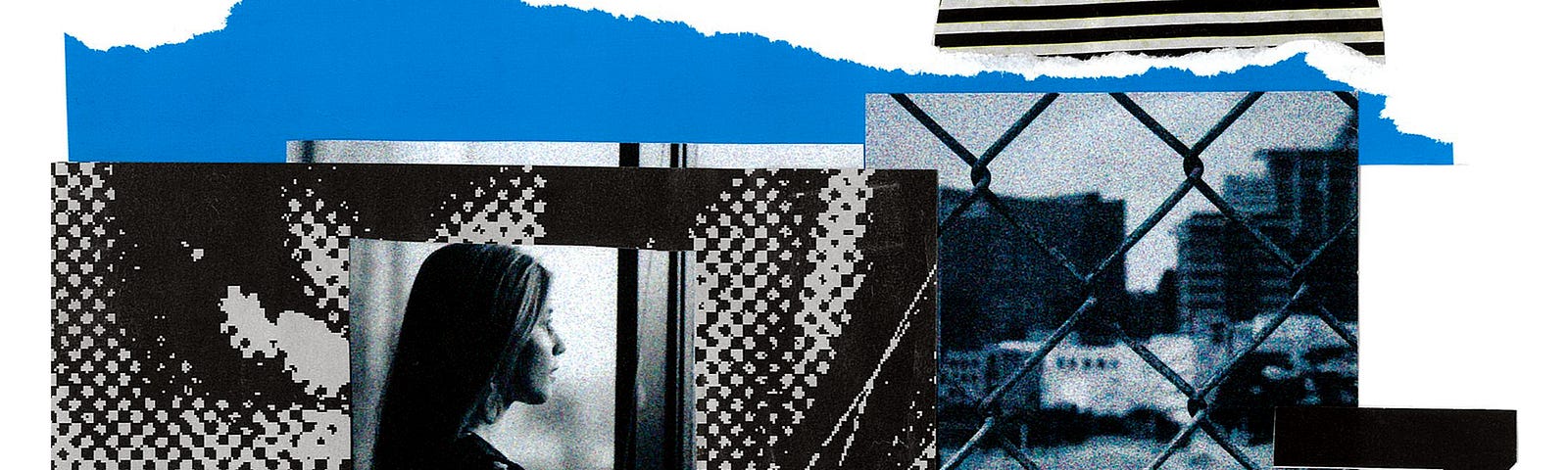 A collage of black, white, and blue images and patterns, including the number 7, a highway, and a woman looking out a window.