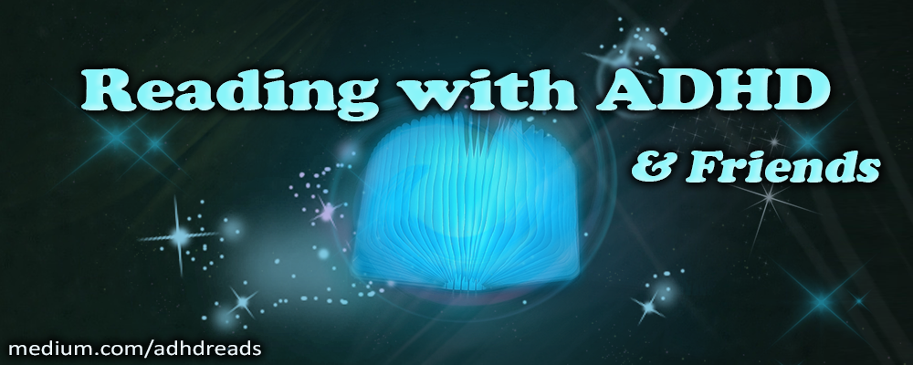 A glowing blue book with glitters on a black background with several stars. Text: Reading with ADHD and Friends.