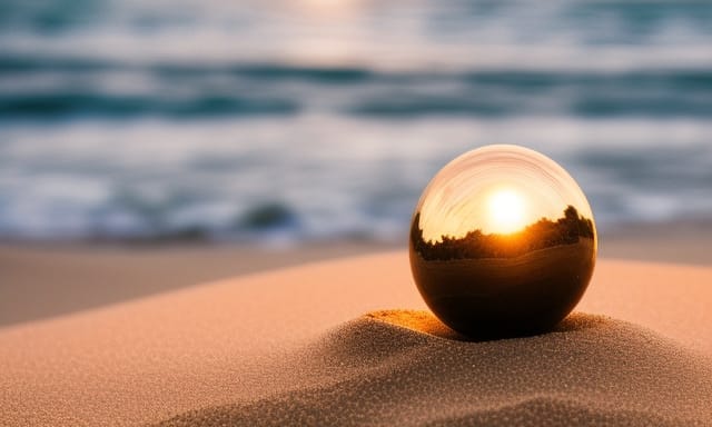 Image of a shiny, spherical orb on a sandy beach and a backdrop of the ocean.