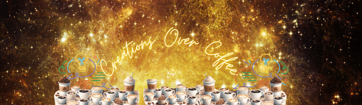 Creations Over Coffee logo with an array of coffee cups in the foreground and the publications title in a shower of gold above the table.