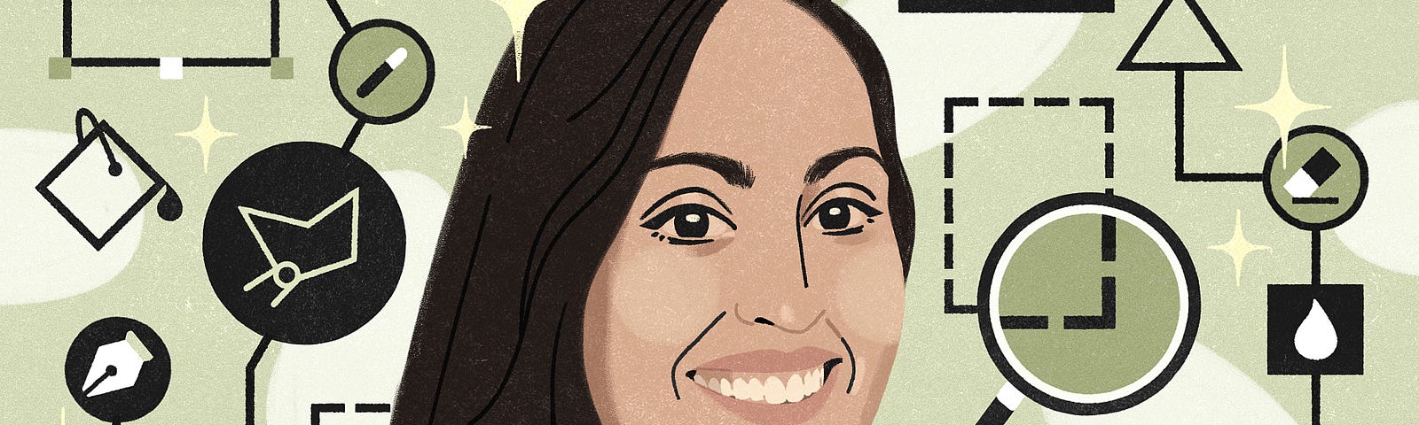 A digital illustration of an olive-skinned woman with long dark hair, with one side swept behind her left ear, wearing a black crew neck top. The background is light green and decorated with tool icons from Adobe Illustrator and Adobe Photoshop: Free Transform, Stamp, Paint Bucket, Text, Eyedropper, Pen Tool Eraser. and Lasso