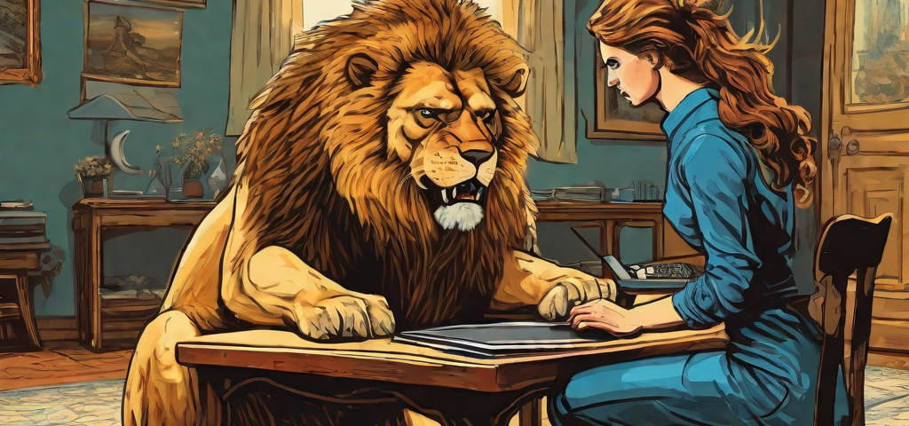 Young woman sitting at her desk looking a ferocius lion straight in the eye. This image is a symbol of facing your fears.